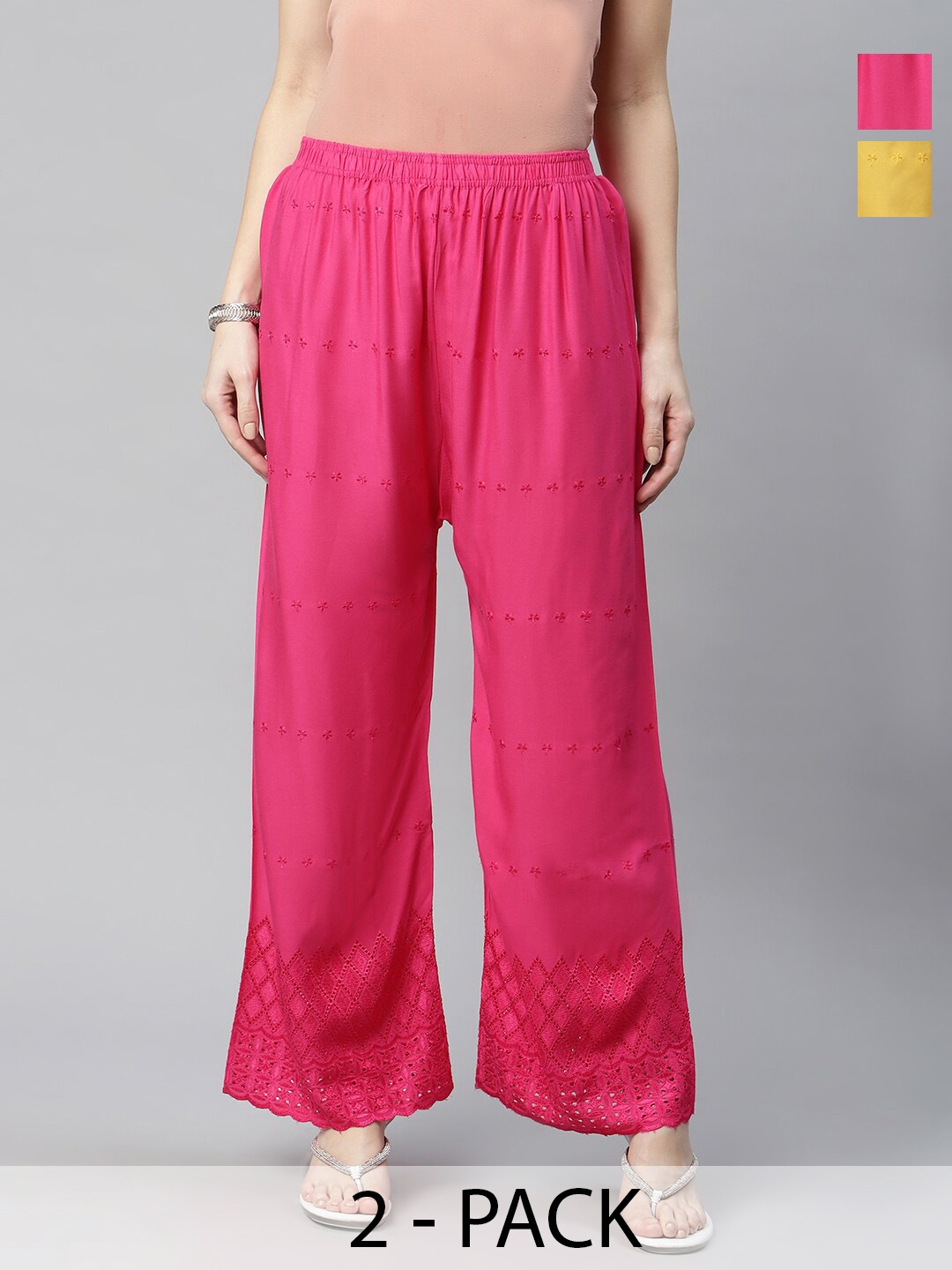 

Rang Gali Pack Of 2 Hem Design Flared Palazzos, Pink