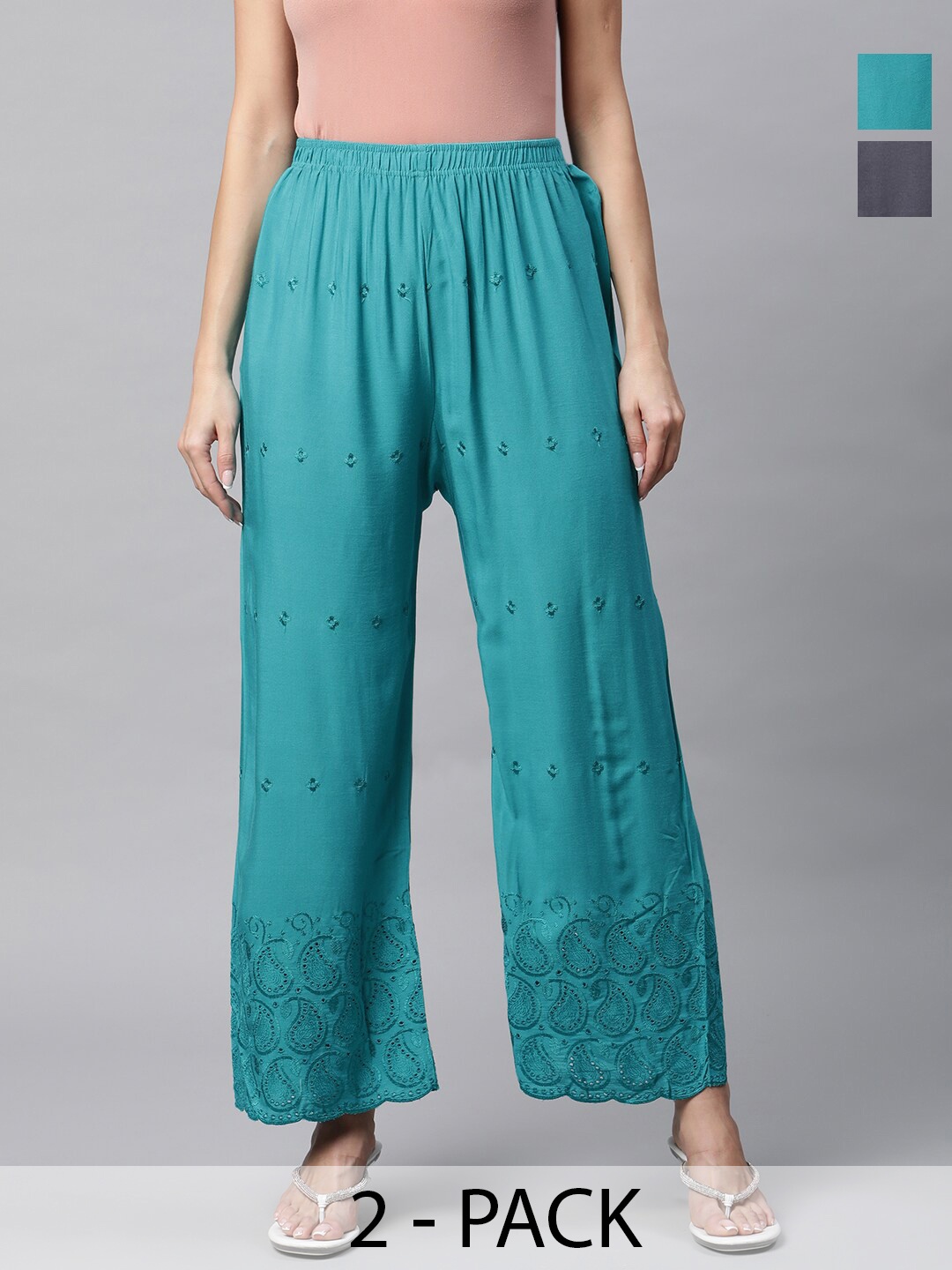 

Rang Gali Pack of 2 Paisley Embroidered Palazzos, Teal