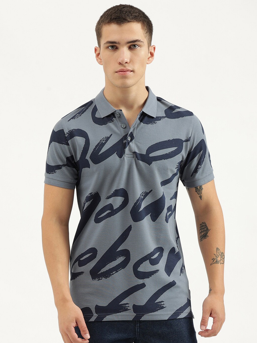 

United Colors of Benetton Printed Polo Collar Pure Cotton T-shirt, Blue