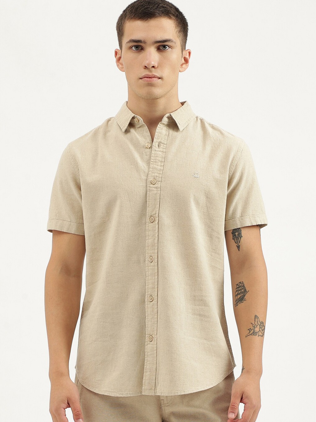 

United Colors of Benetton Slim Fit Spread Collar Short Sleeves Cotton Linen Casual Shirt, Beige