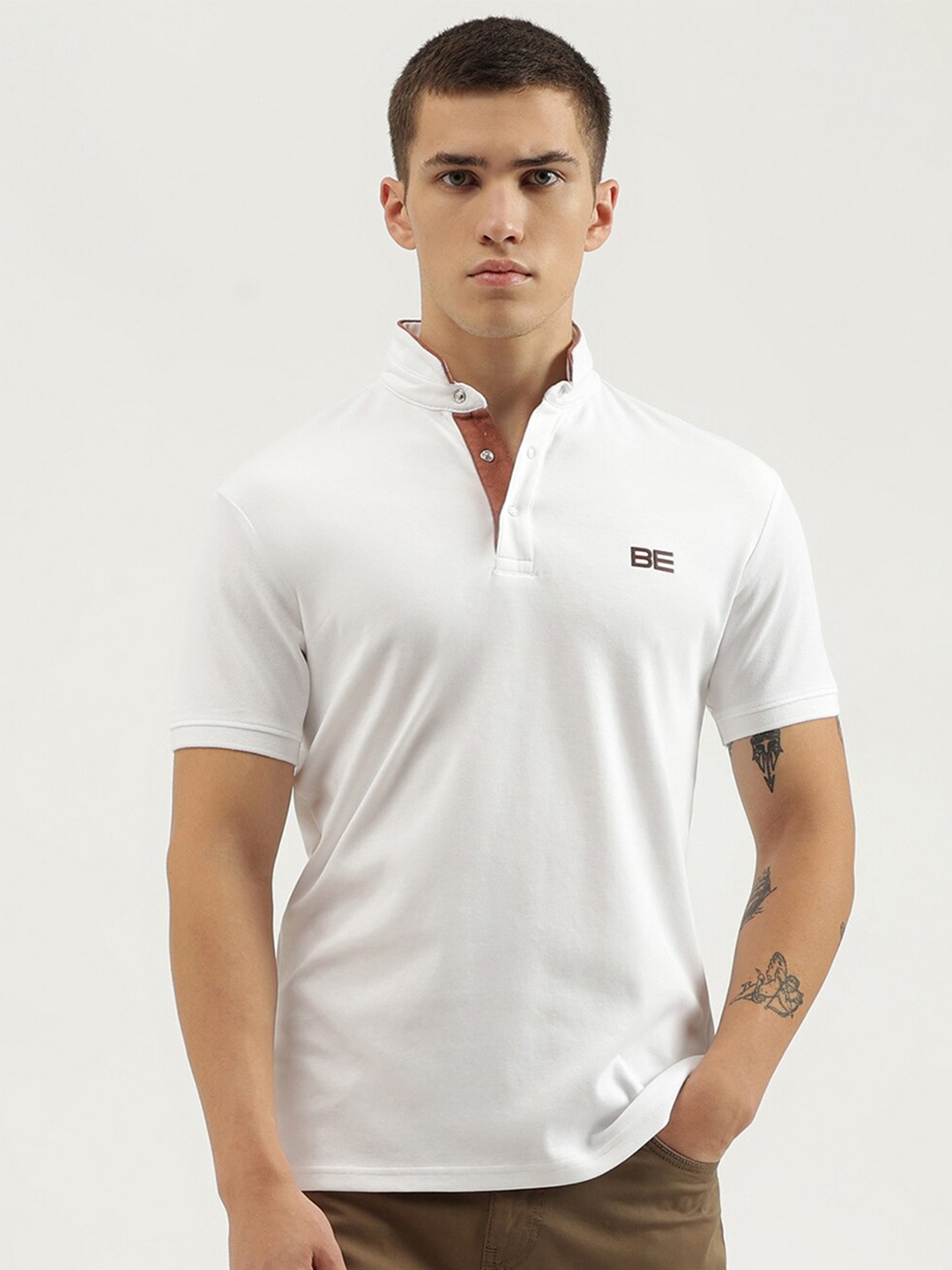 

United Colors of Benetton Short Sleeves Mandarin Collar Pure Cotton T-shirt, White