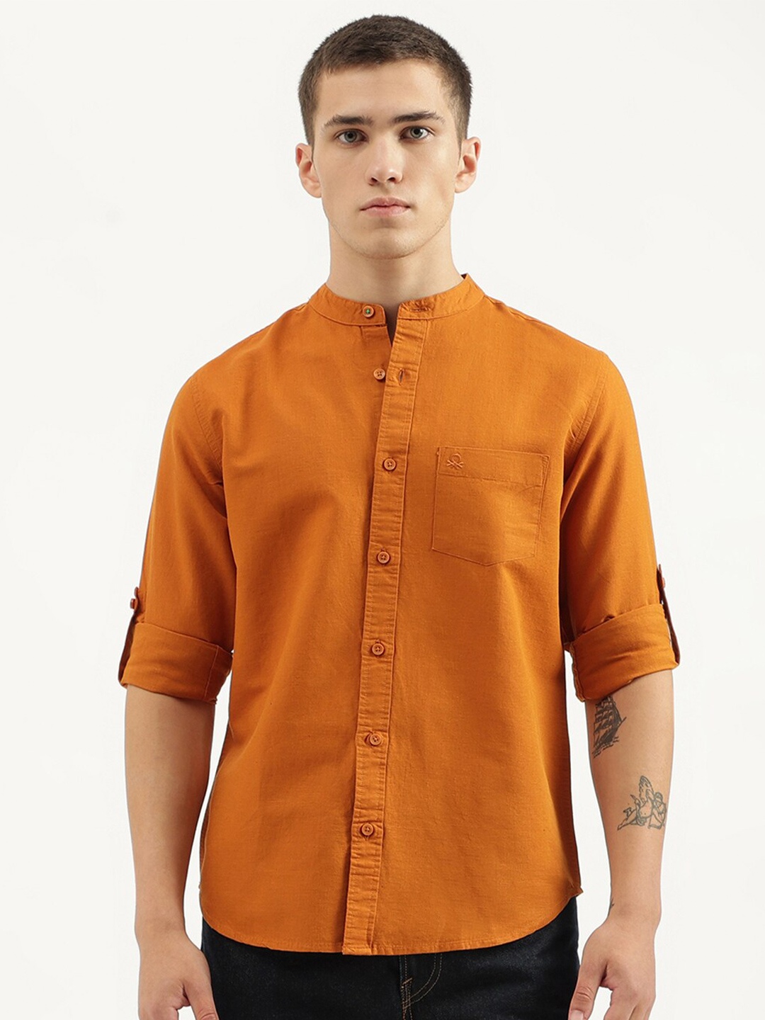 

United Colors of Benetton Mandarin Collar Roll-Up Sleeves Cotton Linen Casual Shirt, Orange