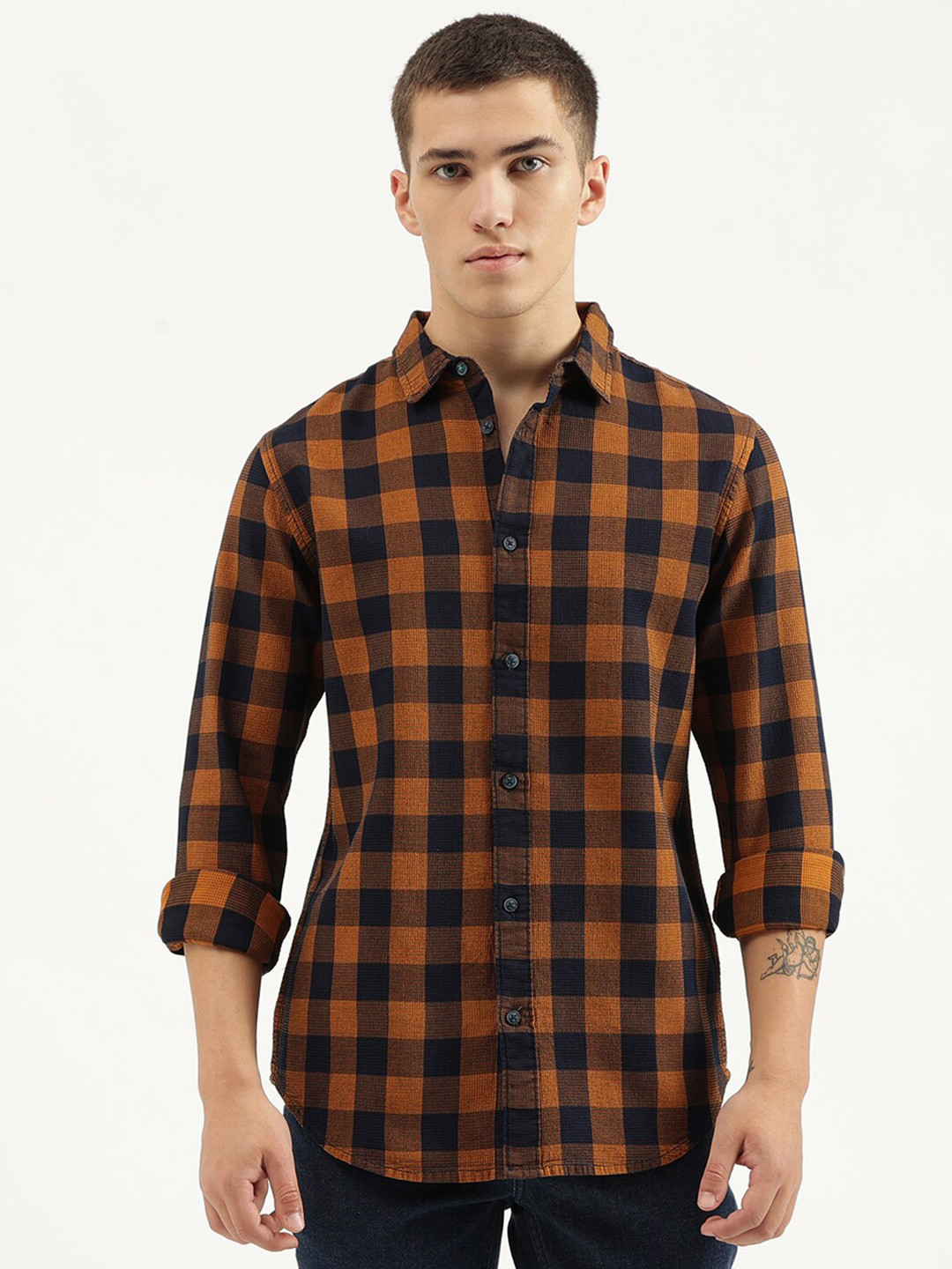 

United Colors of Benetton Checked Spread Collar Cotton Casual Shirt, Brown