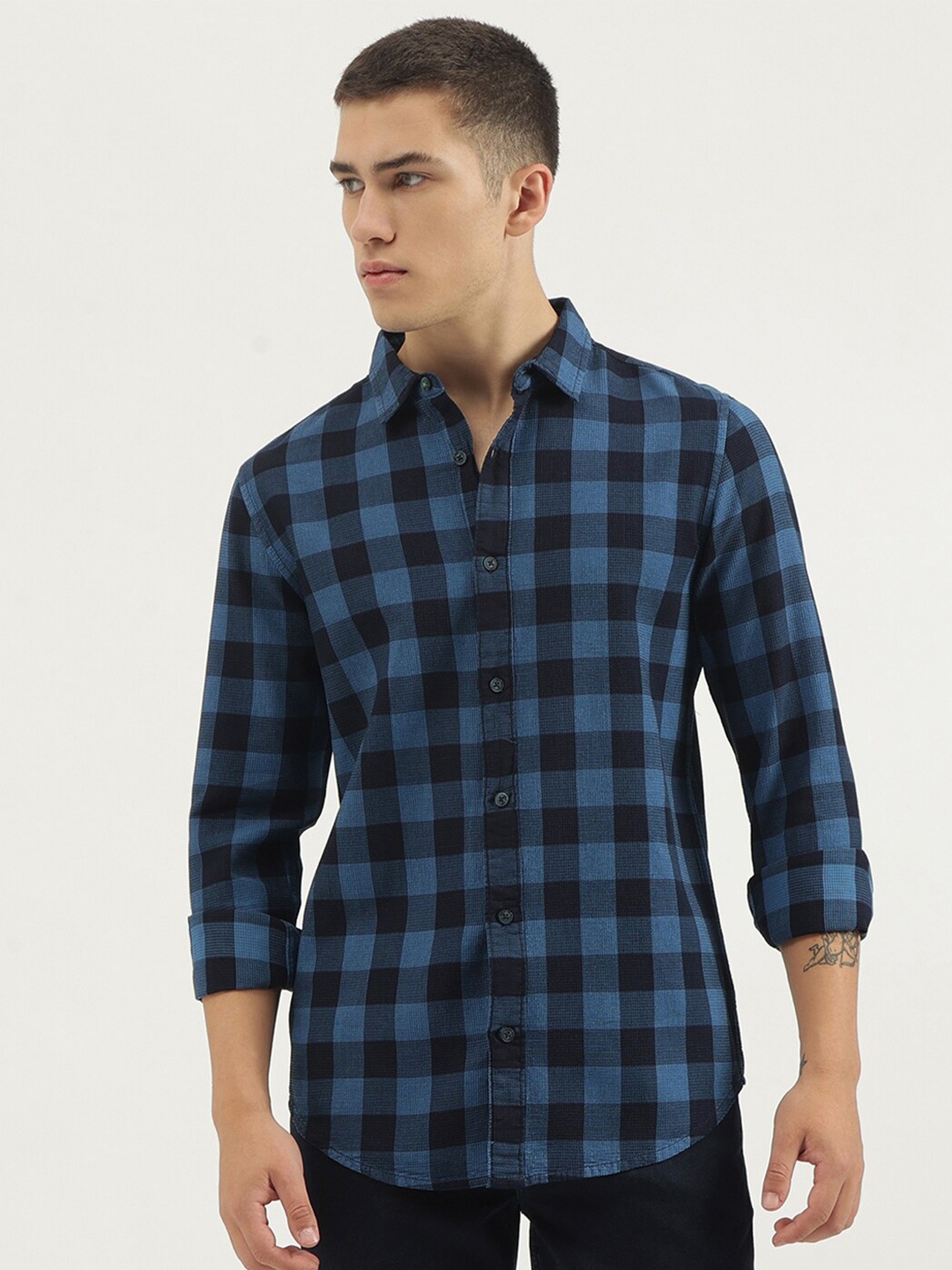 

United Colors of Benetton Buffalo Checked Spread Collar Cotton Casual Shirt, Blue