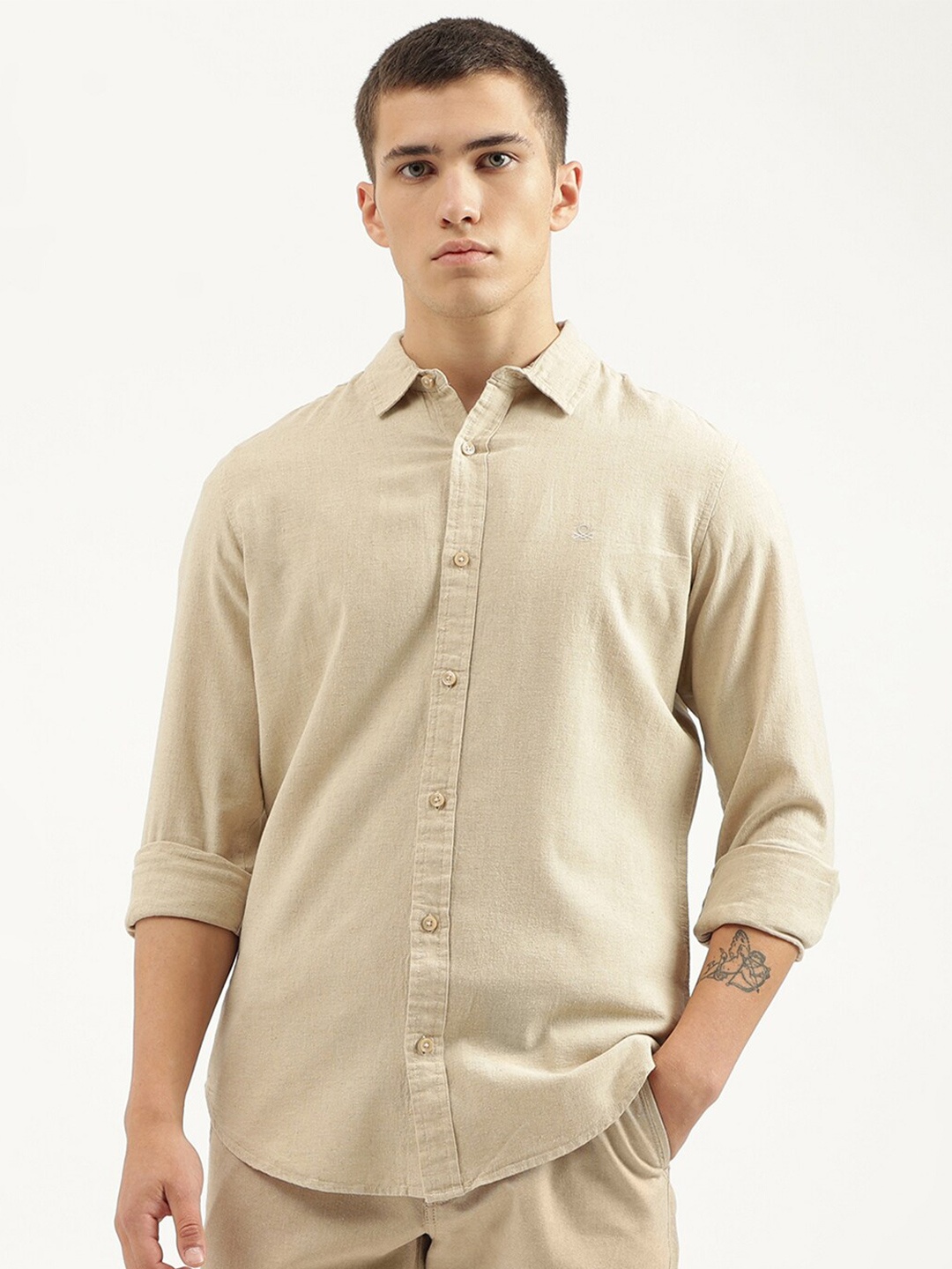 

United Colors of Benetton Slim Fit Spread Collar Long Sleeves Cotton Linen Casual Shirt, Beige