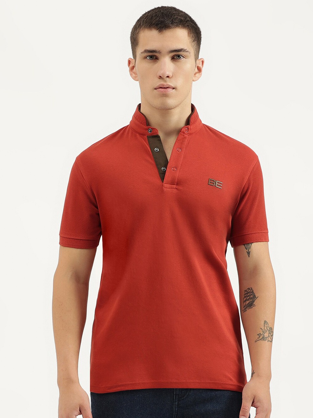 

United Colors of Benetton Mandarin Collar Pure Cotton T-shirt, Red