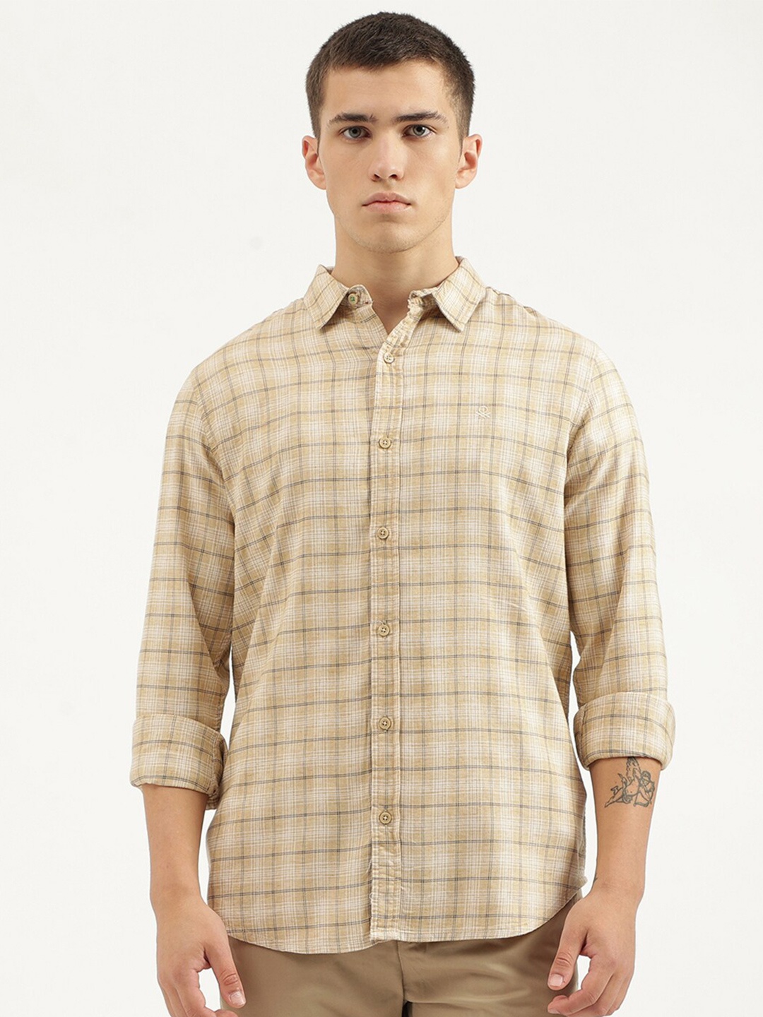 

United Colors of Benetton Opaque Checked Cotton Casual Shirt, Tan