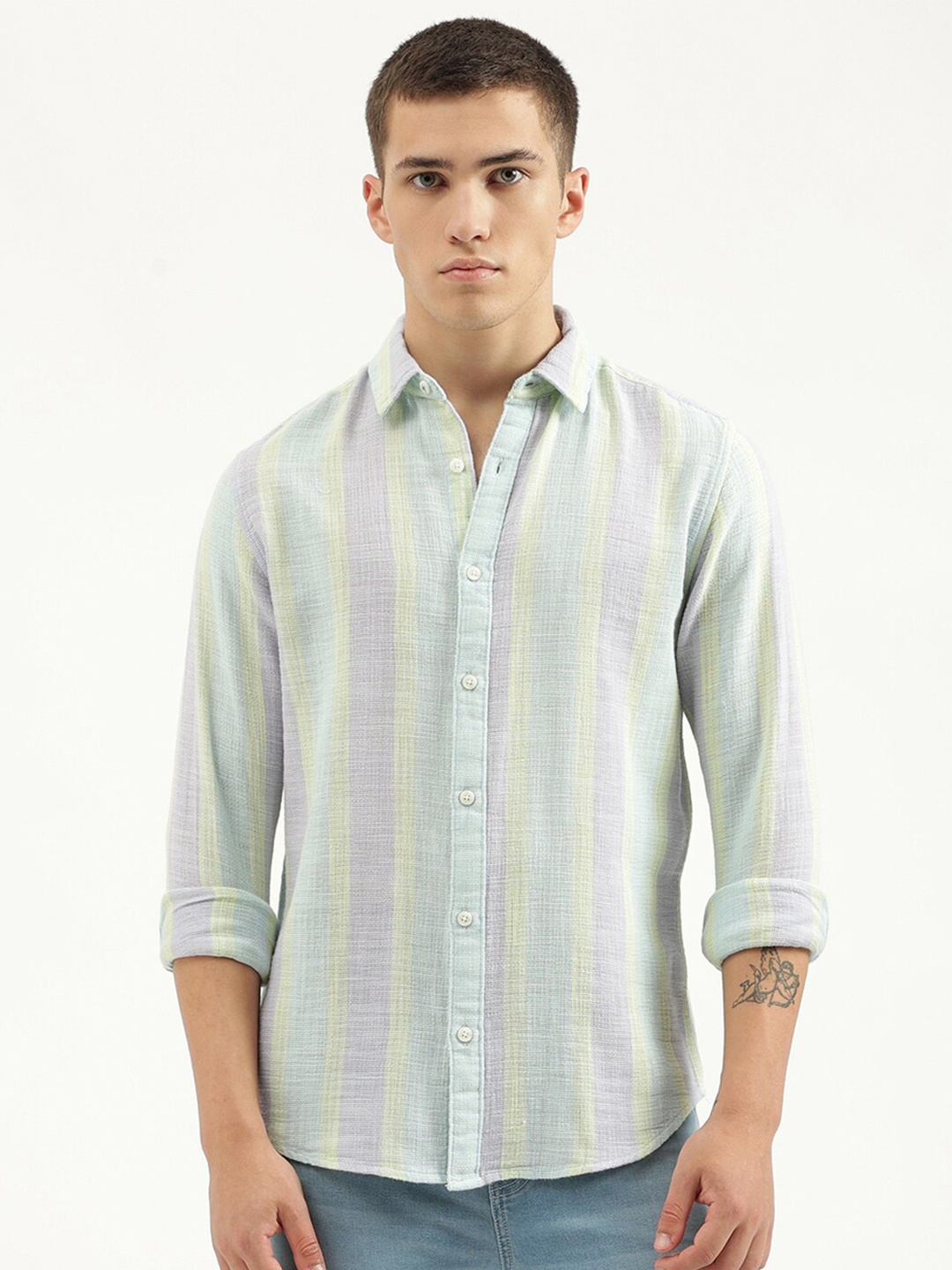 

United Colors of Benetton Vertical Striped Cotton Opaque Casual Shirt, Sea green