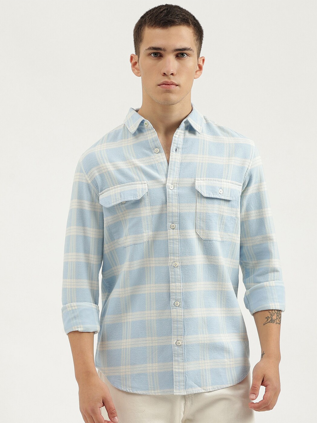

United Colors of Benetton Opaque Checked Cotton Casual Shirt, Blue