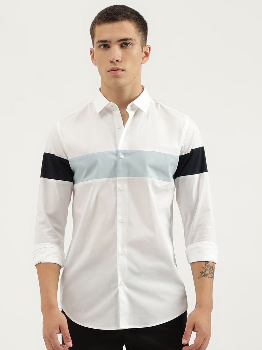 

United Colors of Benetton Slim Fit Colourblocked Spread Collar Long Sleeves Casual Shirt, White