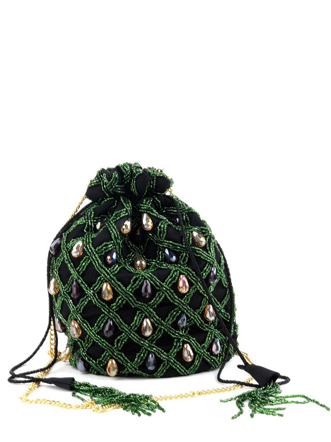 

ODETTE Embellished Beaded Potli Clutch, Green