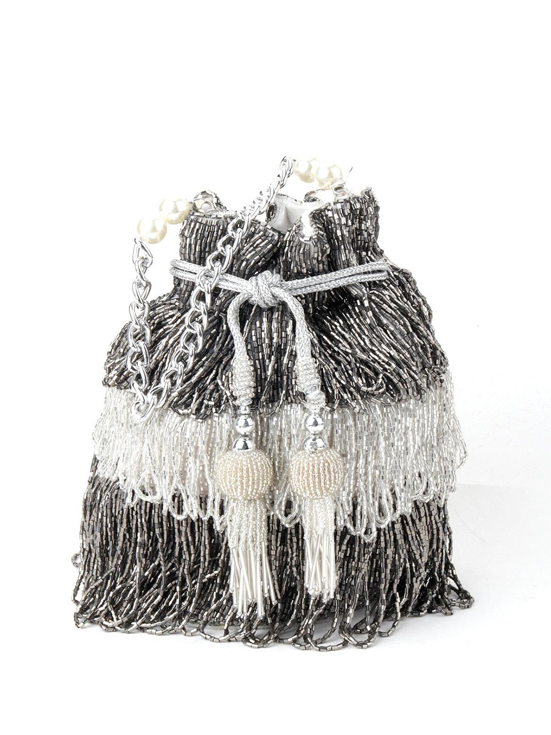 

ODETTE Embellished Tassel Potli Clutch, Grey