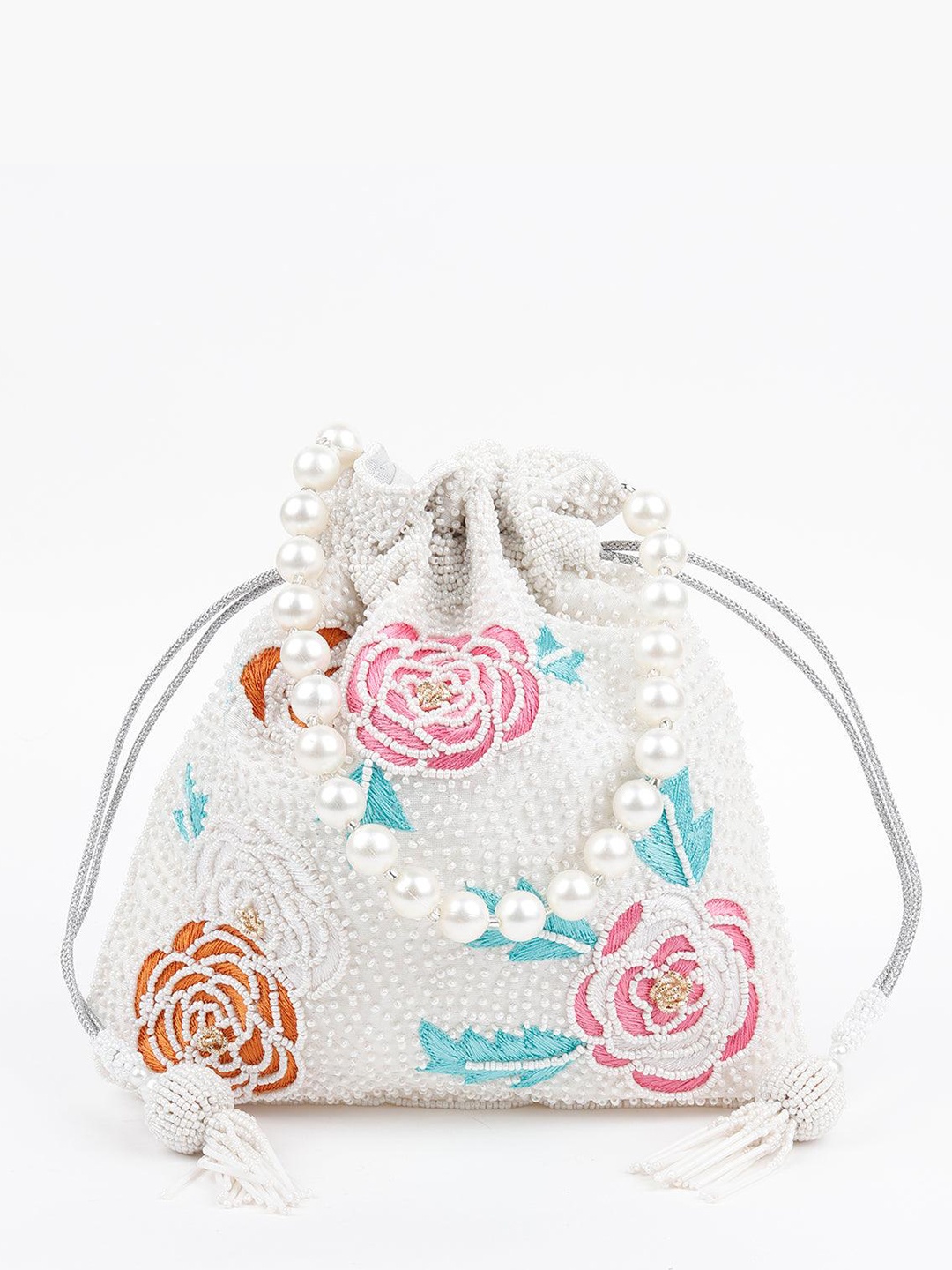 

ODETTE Embellished Beaded Potli Clutch, White