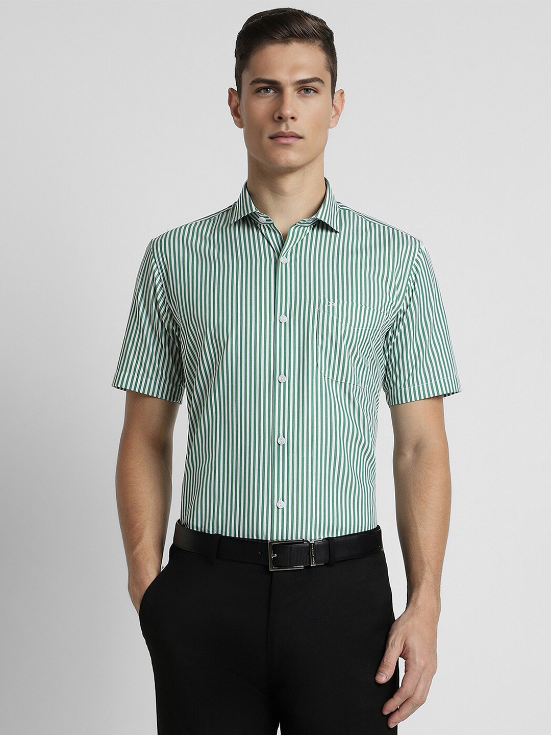 

Peter England Striped Half Sleeves Formal Shirt, Green