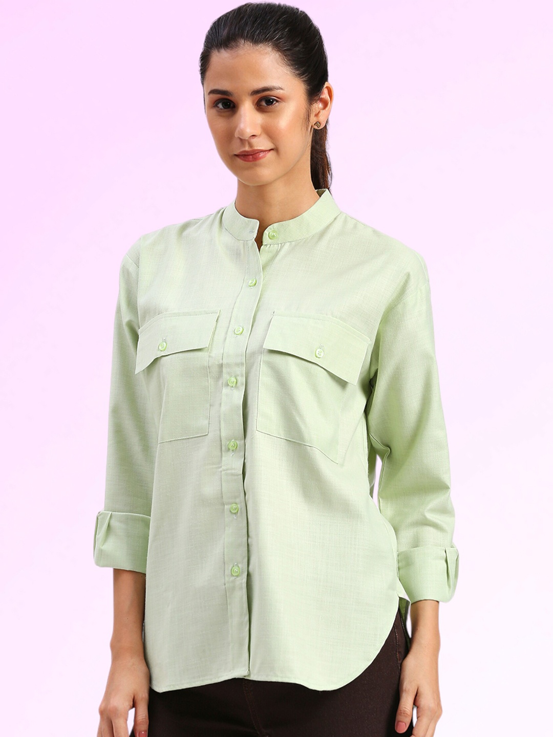 

FITHUB Mandarin Collar Long Sleeves Oversized Cotton Casual Shirt, Green