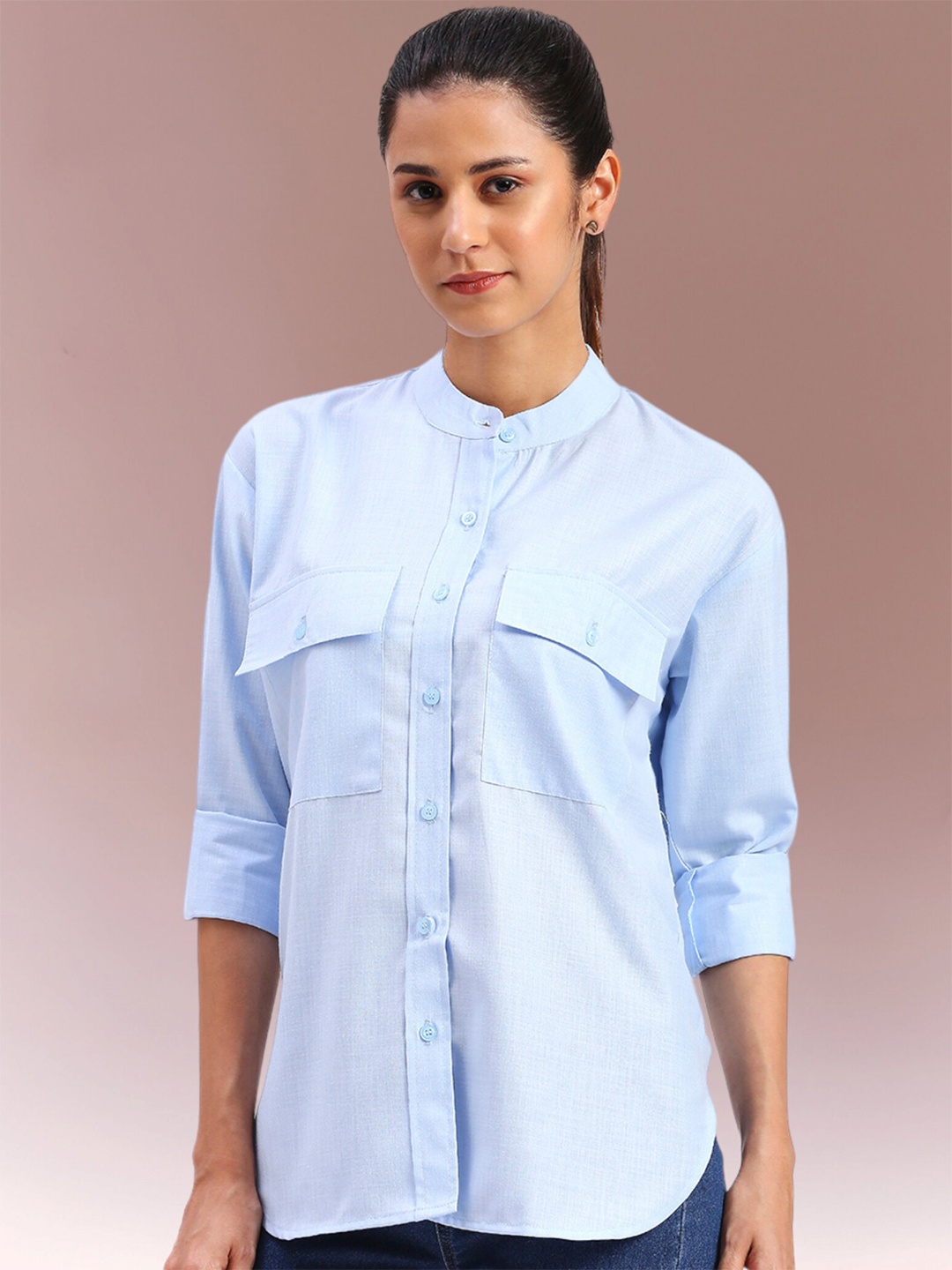 

FITHUB Mandarin Collar Oversized Casual Shirt, Blue