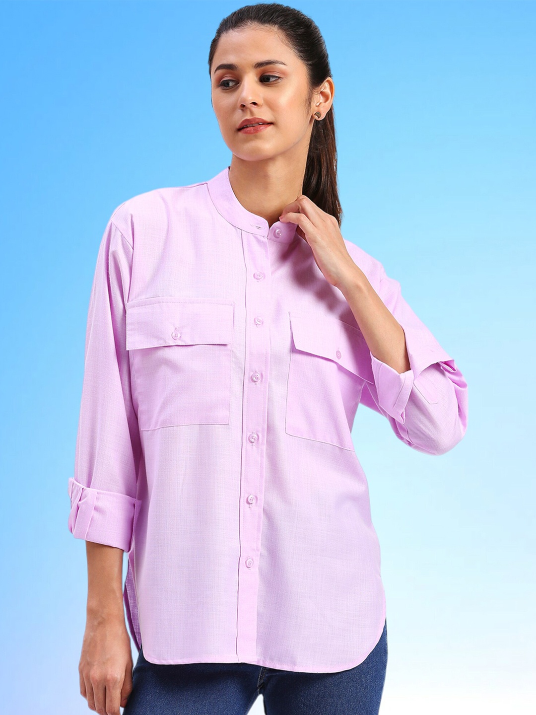 

FITHUB Mandarin Collar Oversized Casual Shirt, Lavender