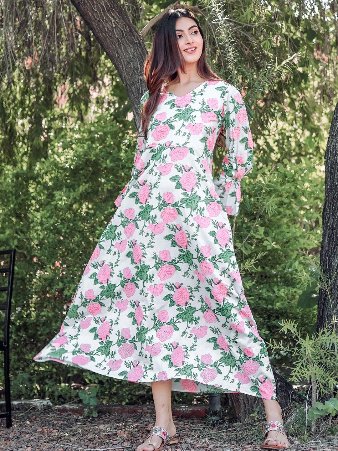 

Chandbaali Floral Printed V-Neck Maxi Dress, Pink