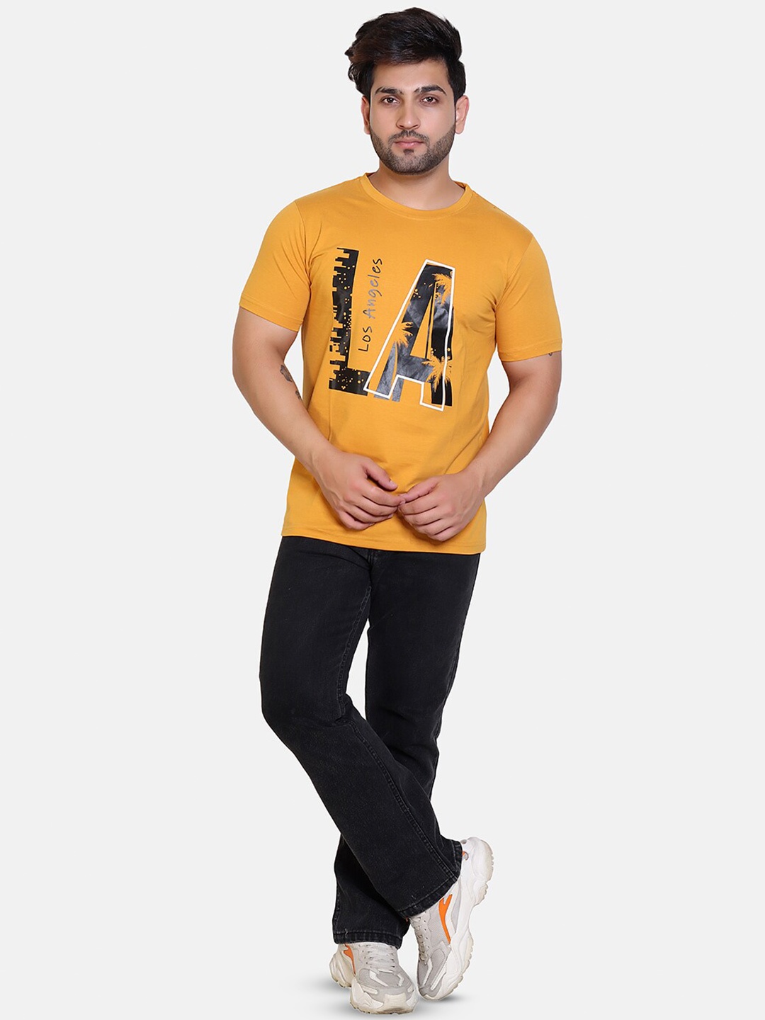 

BAESD Typography Printed Round Neck Short Sleeves Cotton T-shirt, Mustard