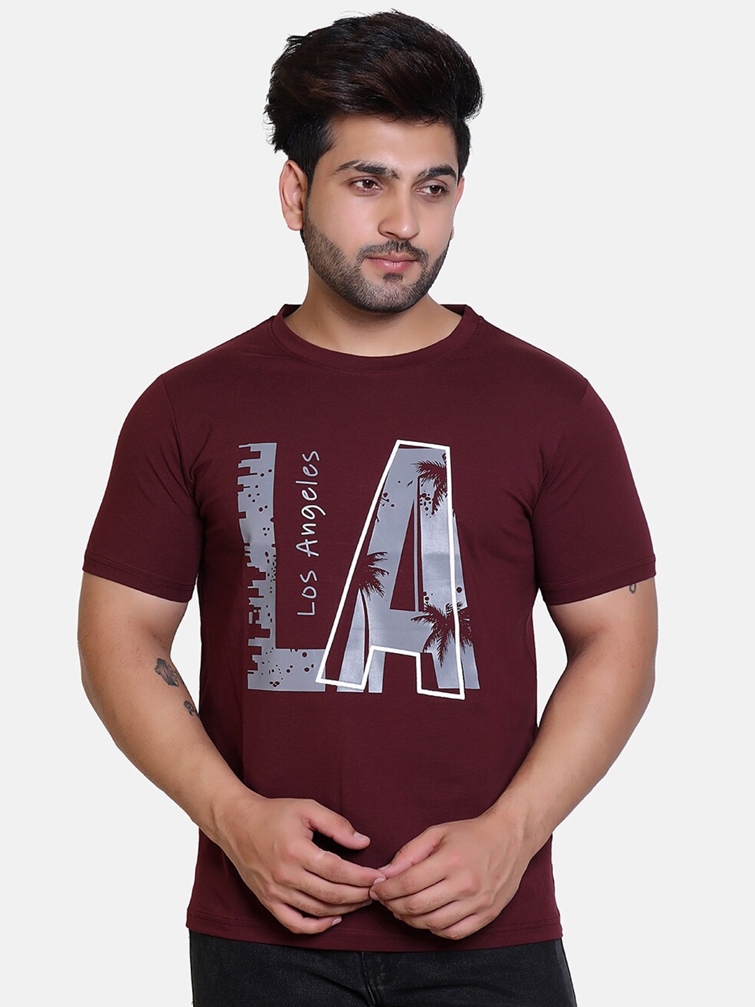 

BAESD Graphic Printed Round Neck Short Sleeves Cotton T-shirt, Maroon