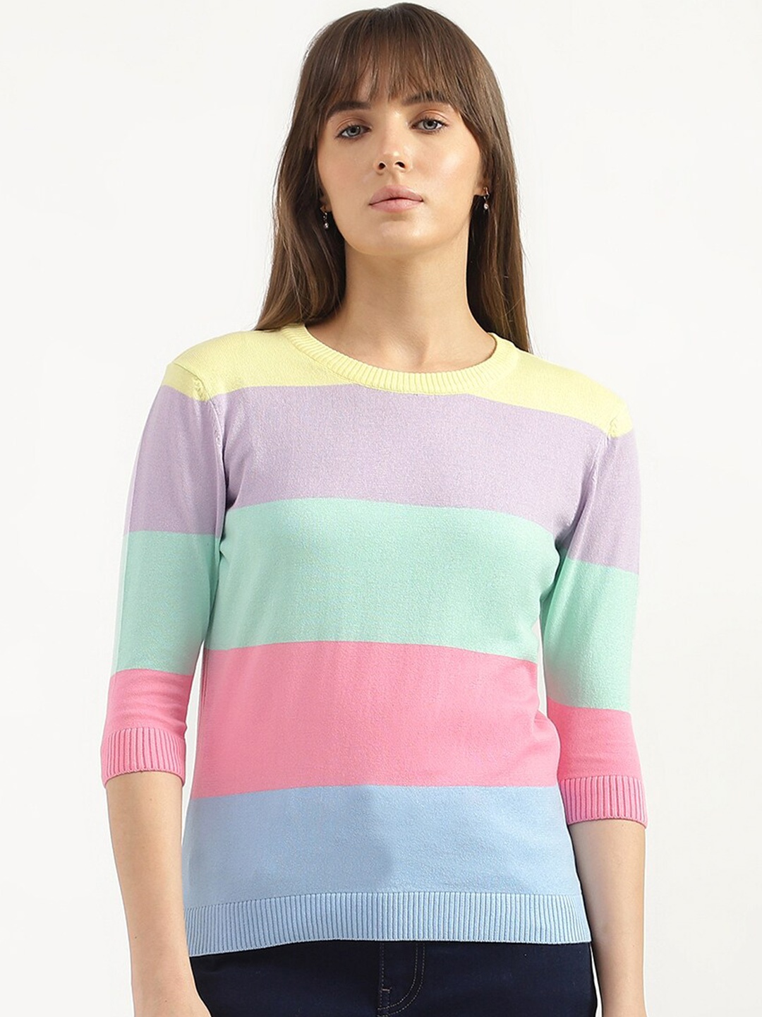 

United Colors of Benetton Striped Round Neck Cotton Top, Yellow