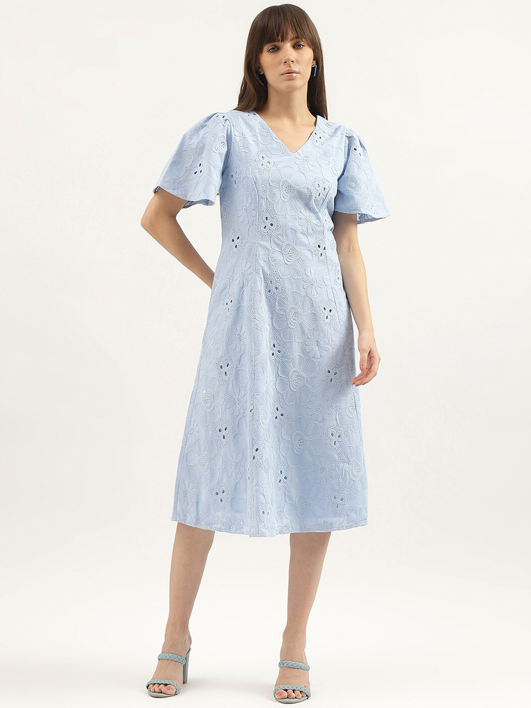 

United Colors of Benetton Flared Sleeve Cotton Fit & Flare Midi Dress, Blue