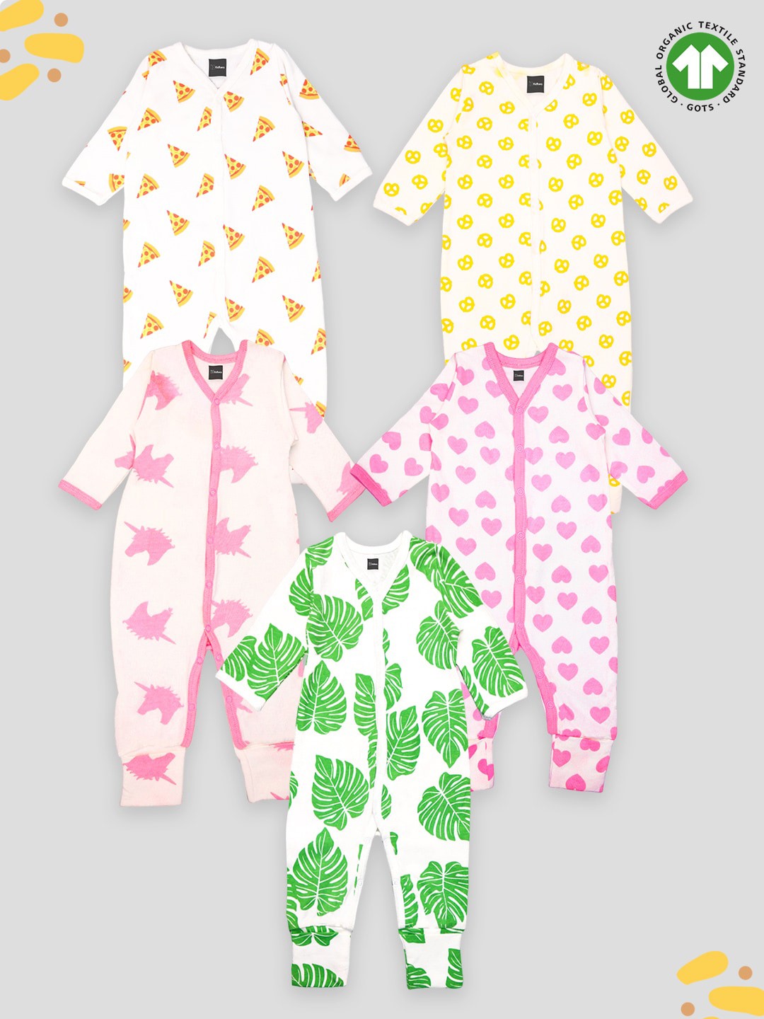 

Kidbea Infants Kids Pack Of 5 Printed Cotton Rompers, Pink