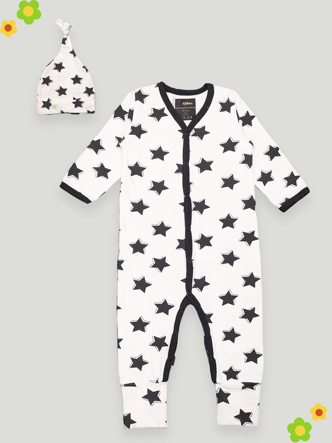 

Kidbea Infants Printed Pure Organic Cotton Rompers With Beanie Cap, Black