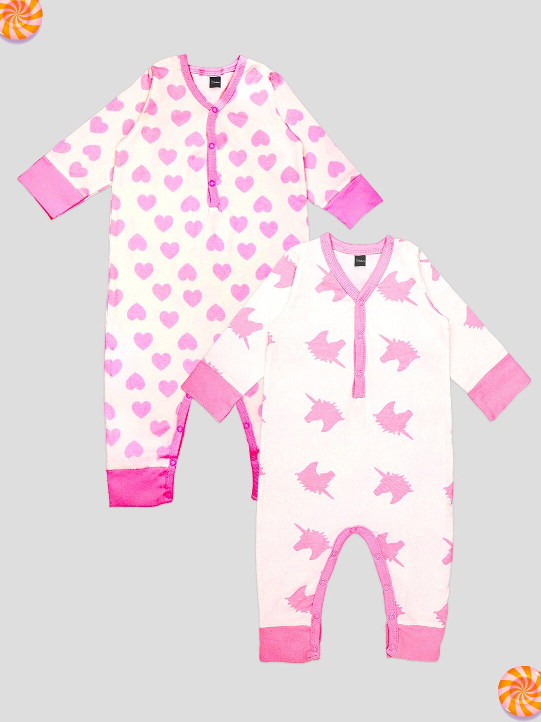 

Kidbea Infants Kids Pack Of 2 Printed Cotton Rompers, Pink