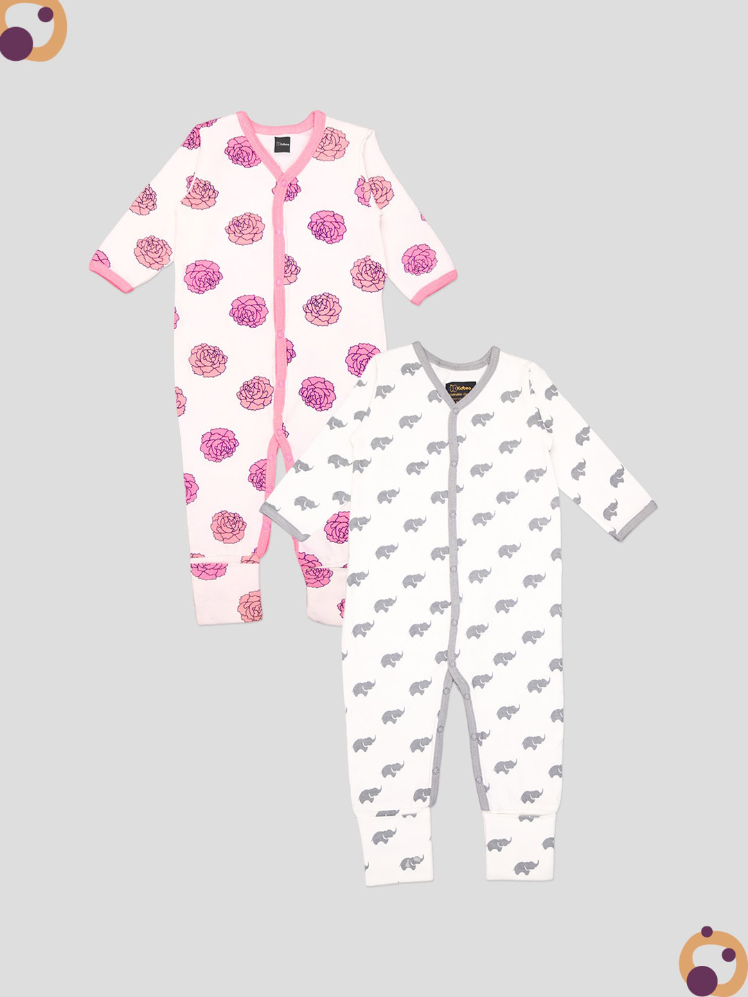 

Kidbea Infants Pack Of 2 Printed Pure Organic Cotton Rompers, Grey