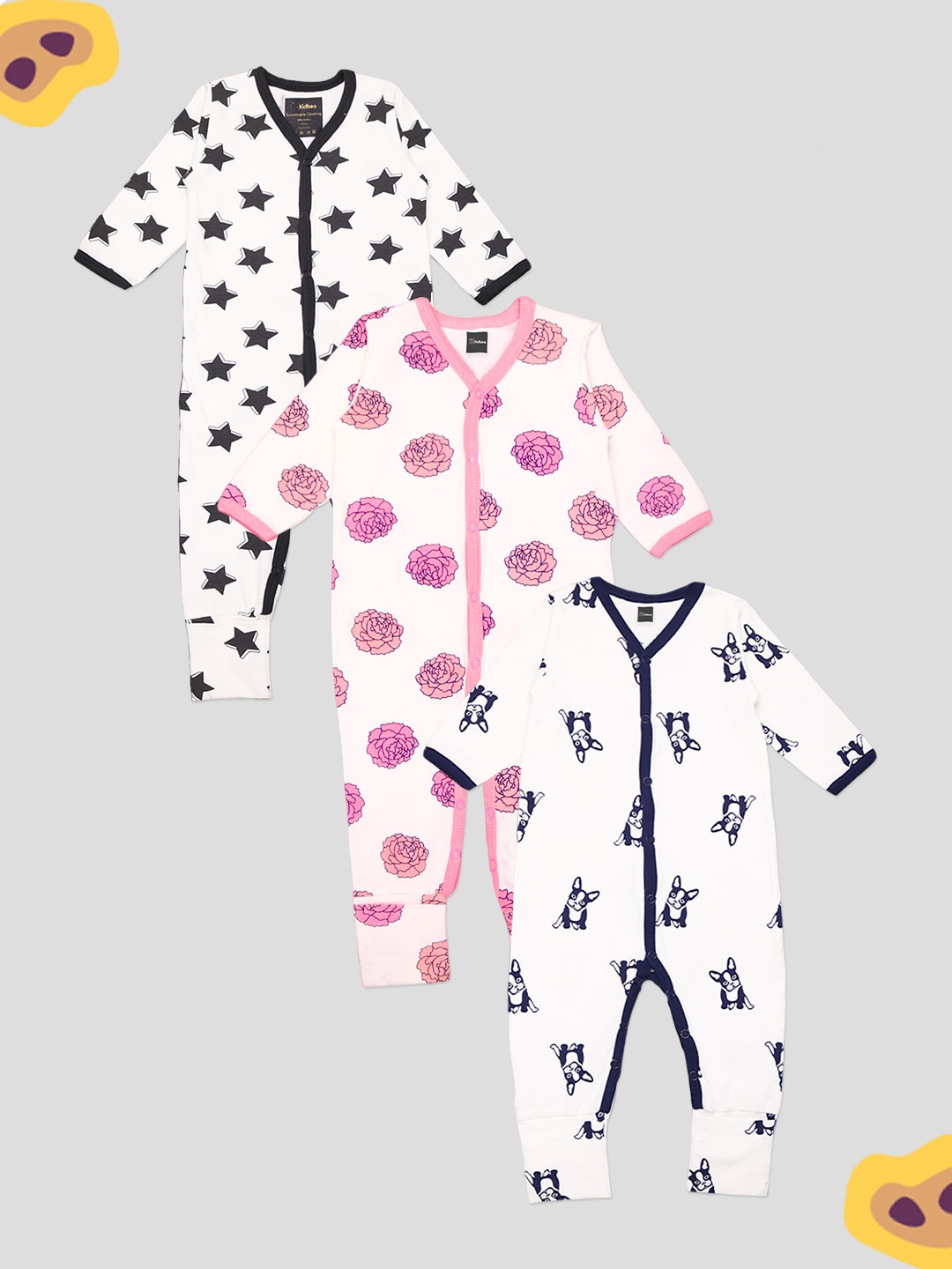 

Kidbea Infants Kids Pack Of 3 Printed Organic Cotton Rompers, White