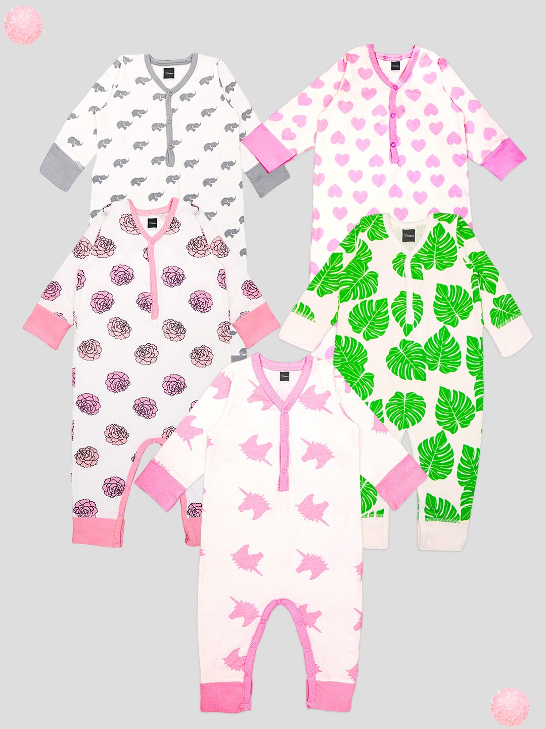 

Kidbea Infants Pack Of 5 Printed Pure Organic Cotton Rompers, Green