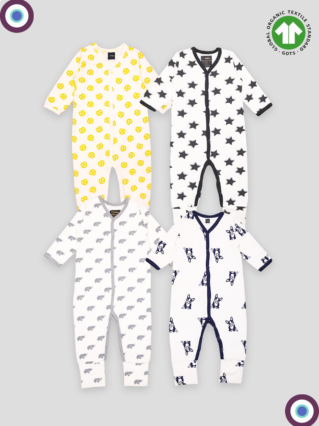 

Kidbea Infants Kids Pack Of 4 Printed Pure Organic Cotton Rompers, Yellow
