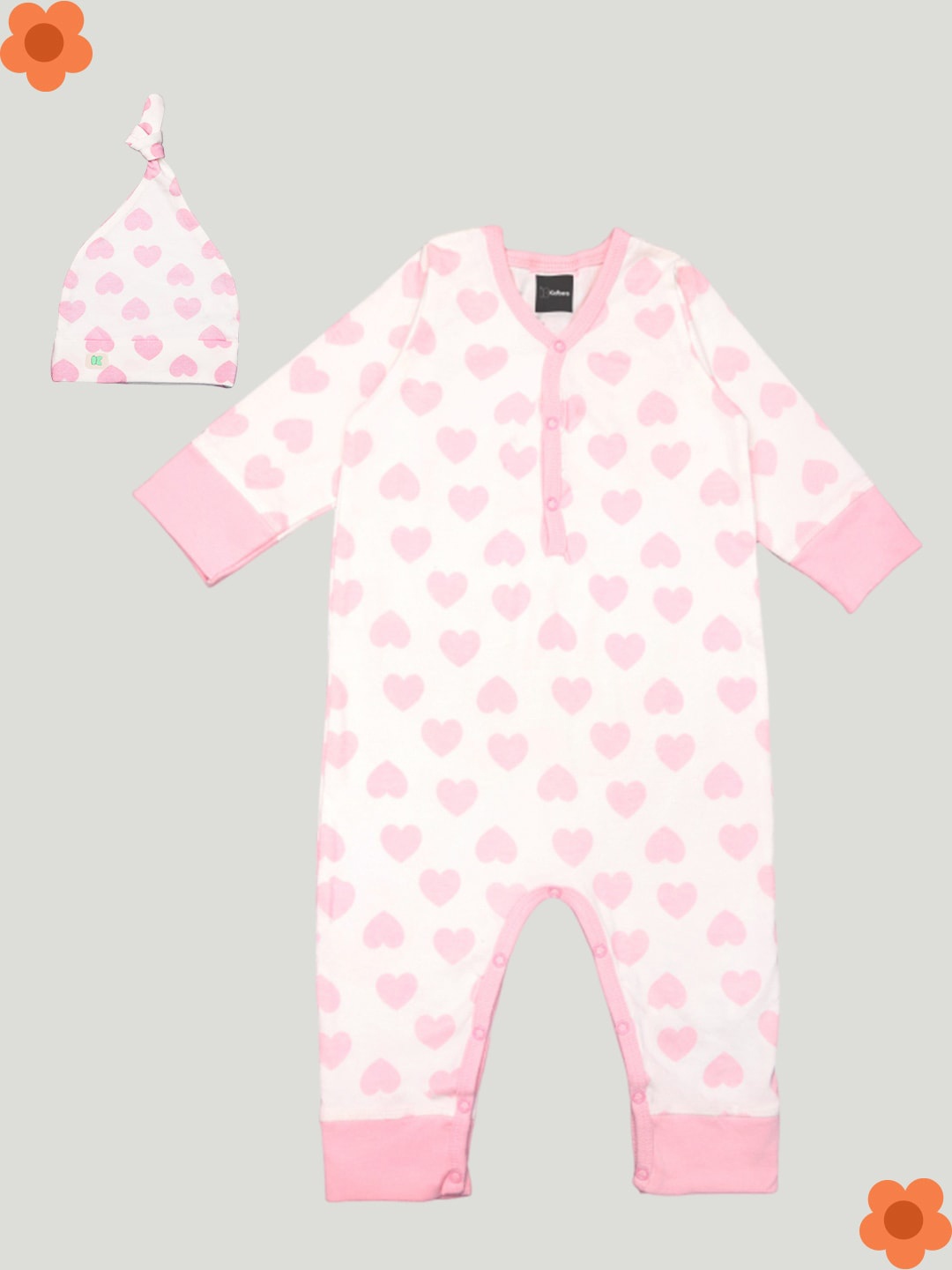 

Kidbea Infants Printed Pure Organic Cotton Rompers With Beanie Cap, Pink