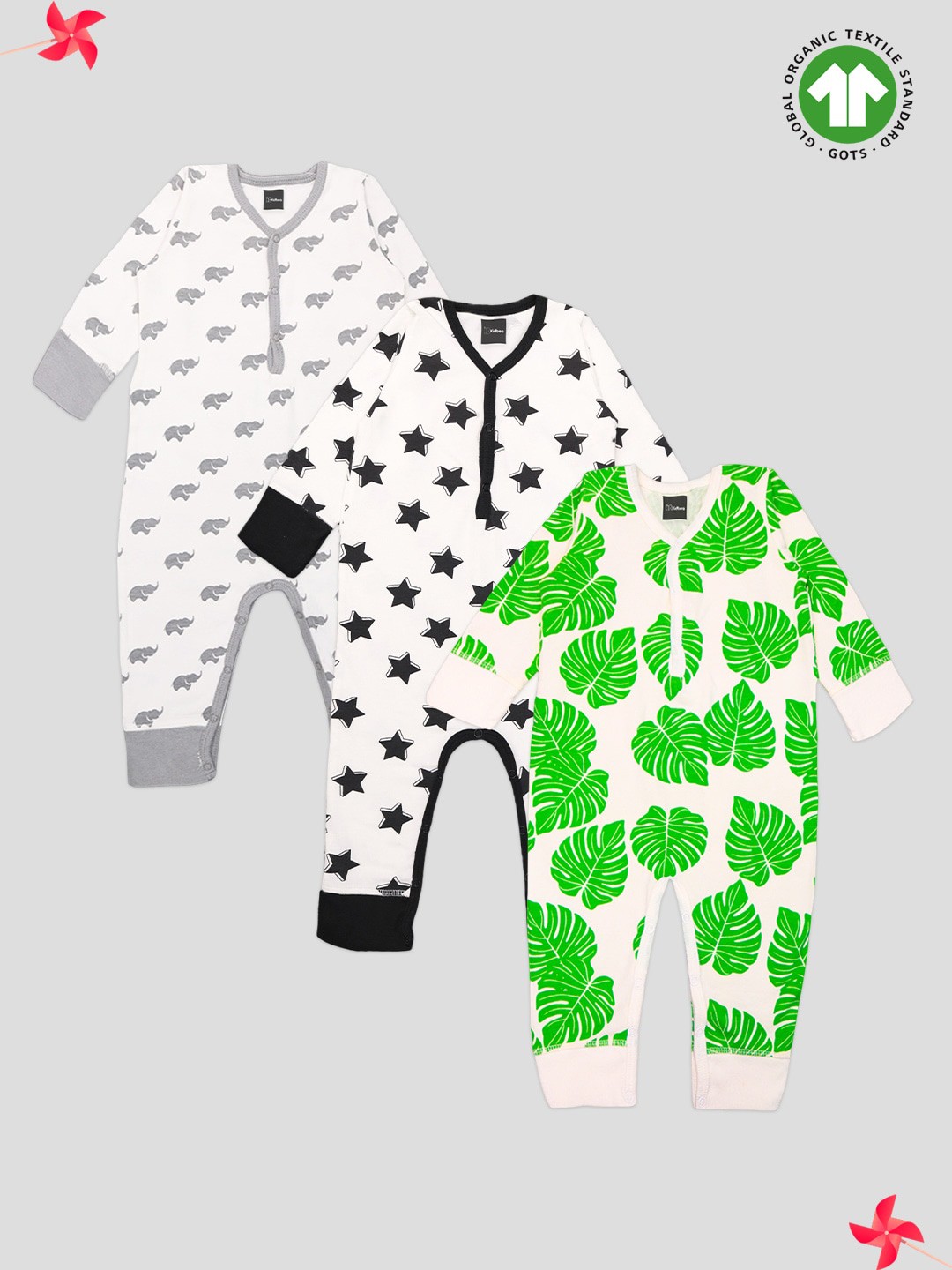 

Kidbea Infants Pack Of 3 Printed Organic Cotton Rompers, Grey