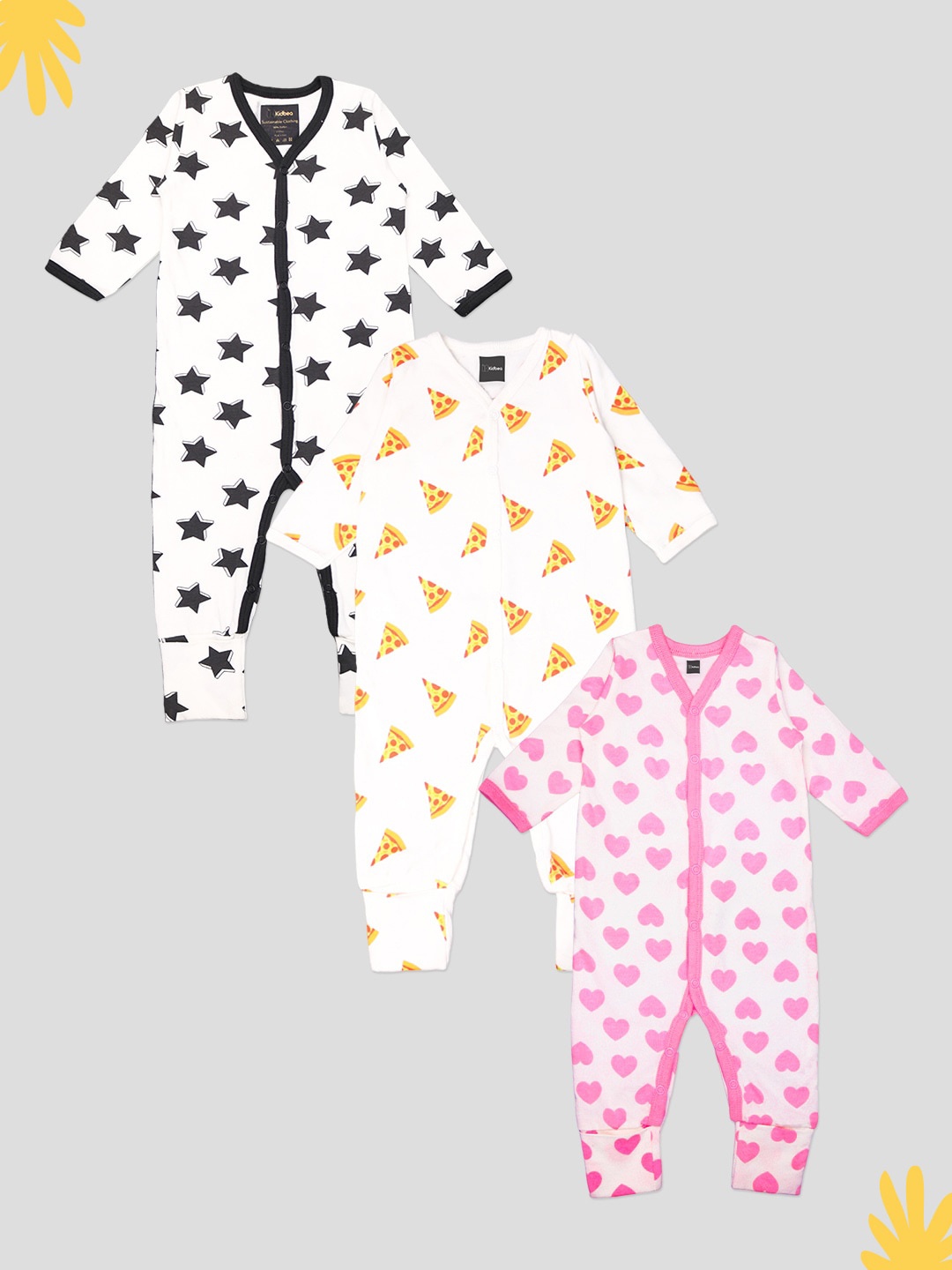 

Kidbea Infants Pack Of 3 Printed Pure Organic Cotton Rompers, Pink