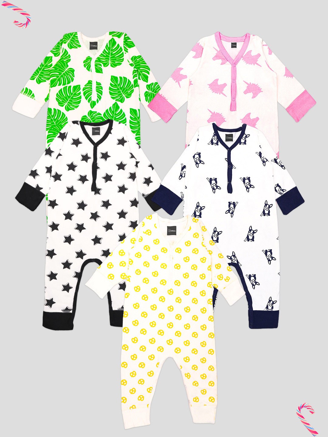 

Kidbea Infants Kids Pack Of 5 Printed Organic Cotton Rompers, Black