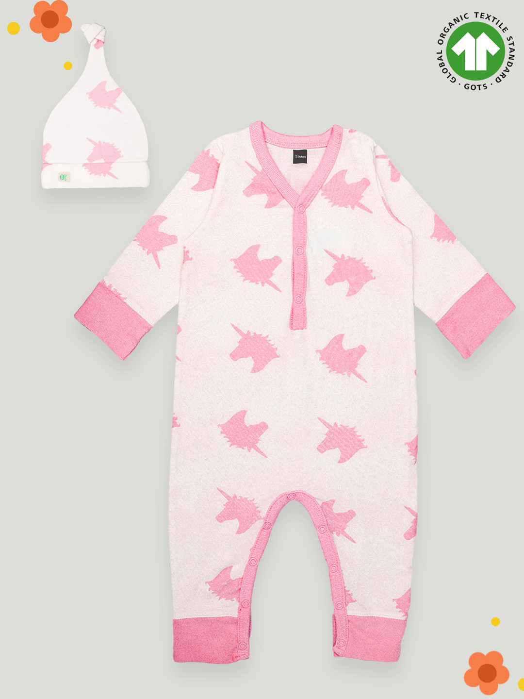 

Kidbea Infants Printed Pure Organic Cotton Rompers With Beanie Cap, Pink