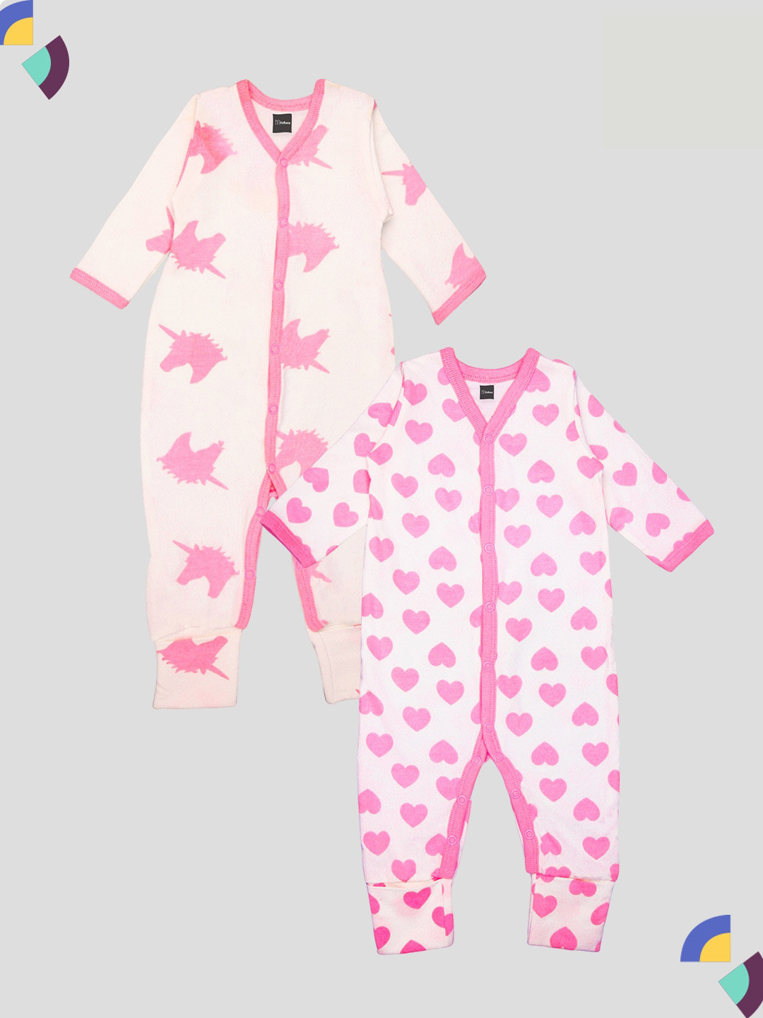

Kidbea Infants Pack Of 2 Printed Pure Organic Cotton Rompers, Pink