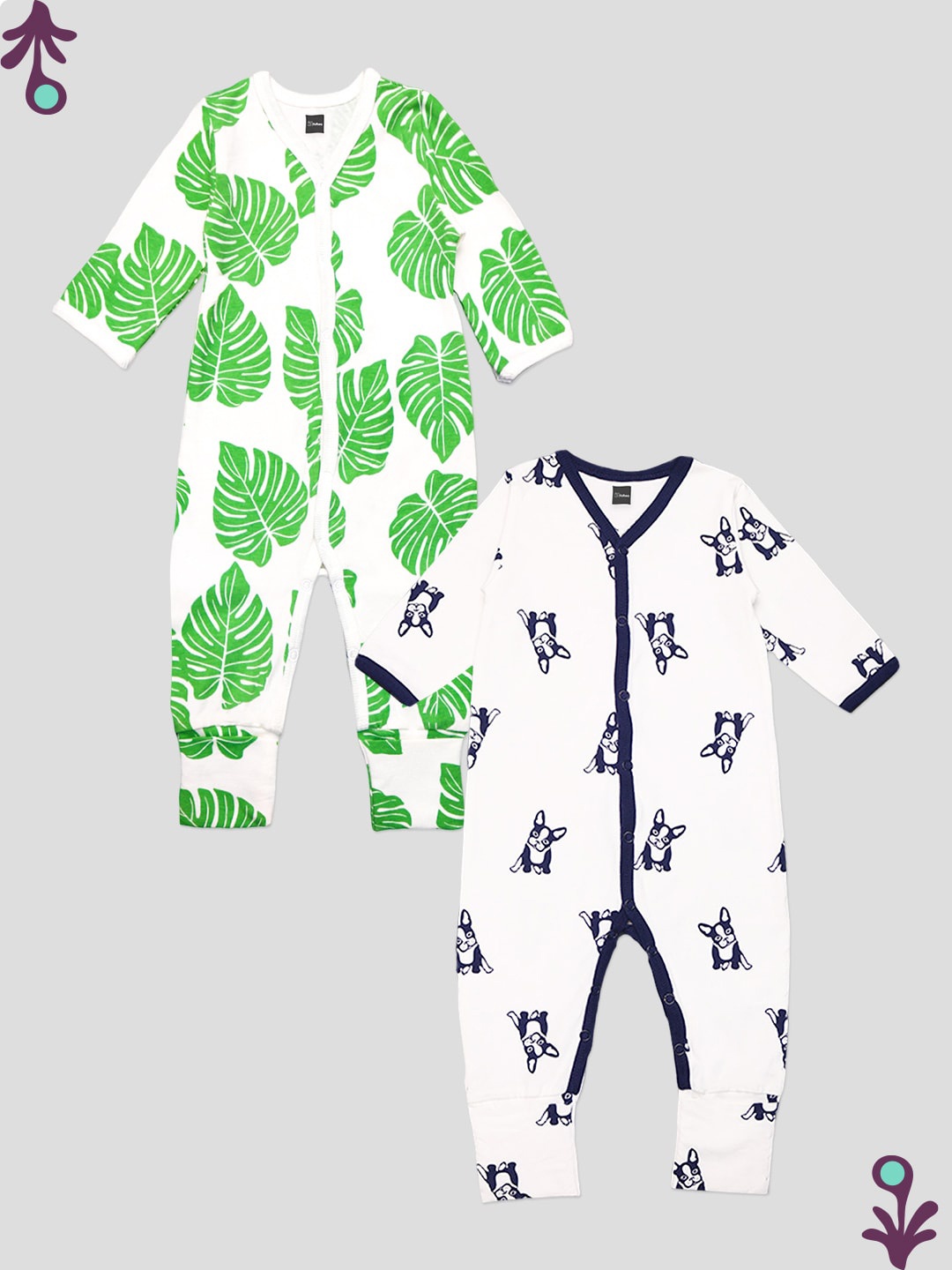 

Kidbea Infants Pack Of 2 Printed Pure Organic Cotton Rompers, Green