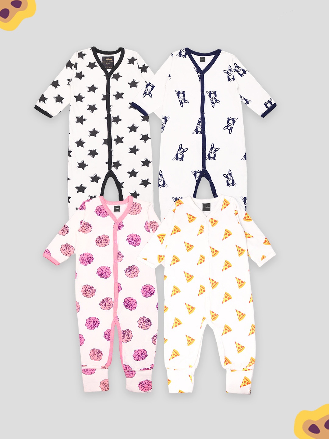 

Kidbea Infants Kids Pack Of 4 Printed Organic Cotton Rompers, Black