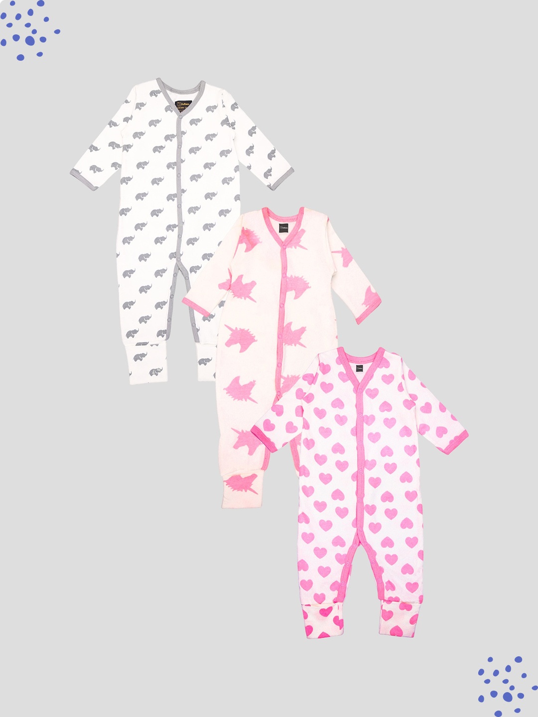 

Kidbea Infants Kids Pack Of 3 Printed Organic Cotton Rompers, Pink