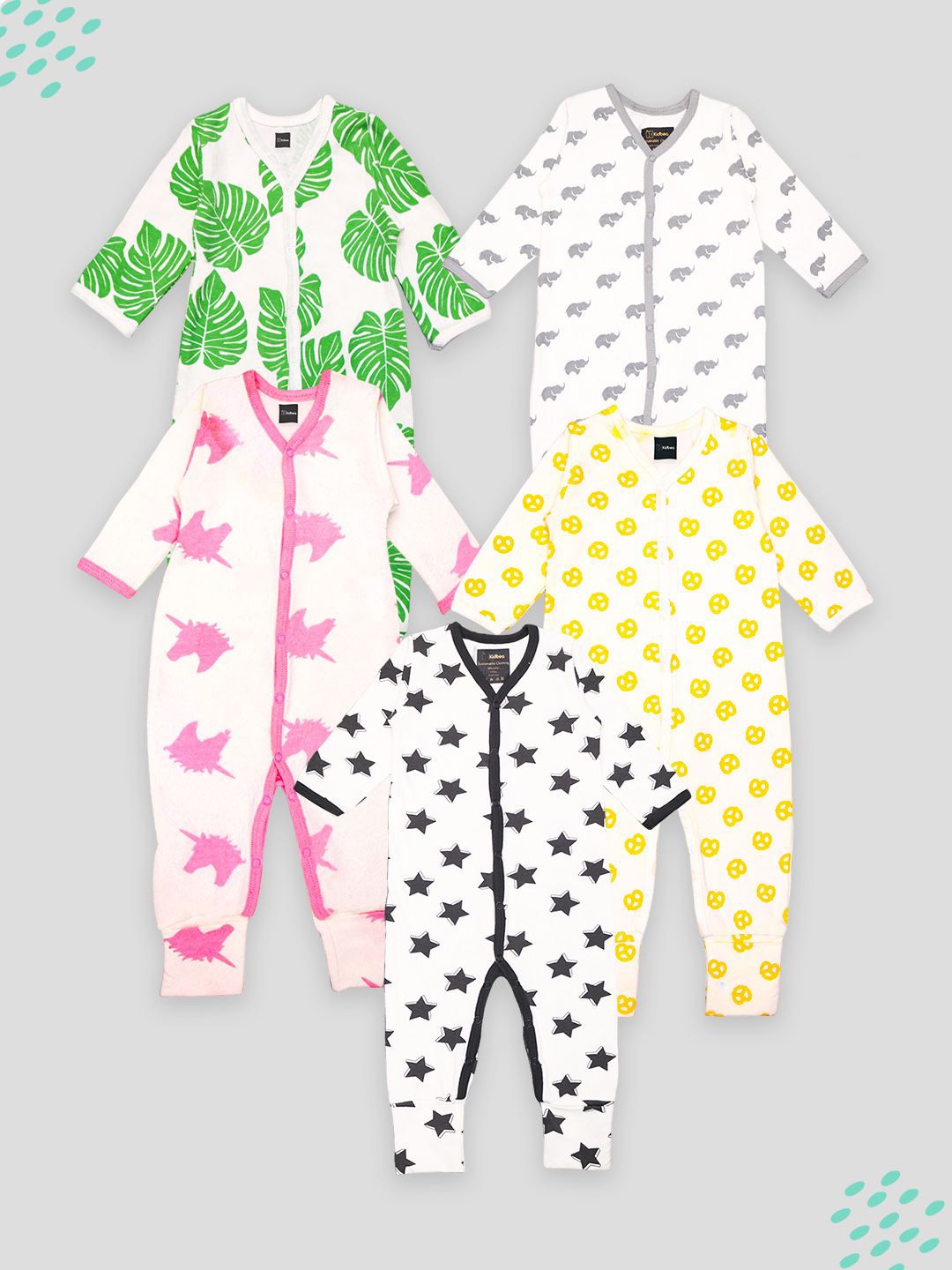 

Kidbea Infants Pack Of 5 Printed Organic Cotton Rompers, Green