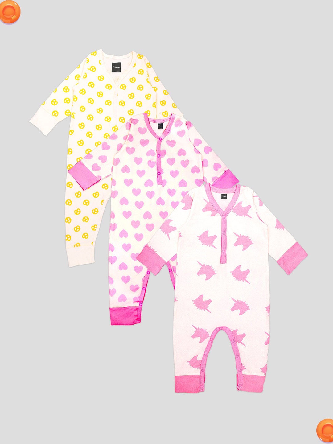 

Kidbea Infants Kids Pack Of 3 Printed Organic Cotton Rompers, Yellow