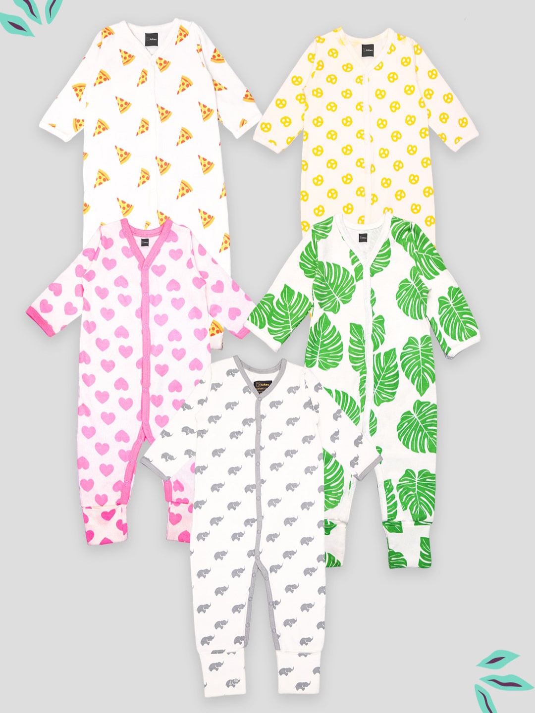 

Kidbea Infants Kids Pack Of 5 Printed Organic Cotton Rompers, Green