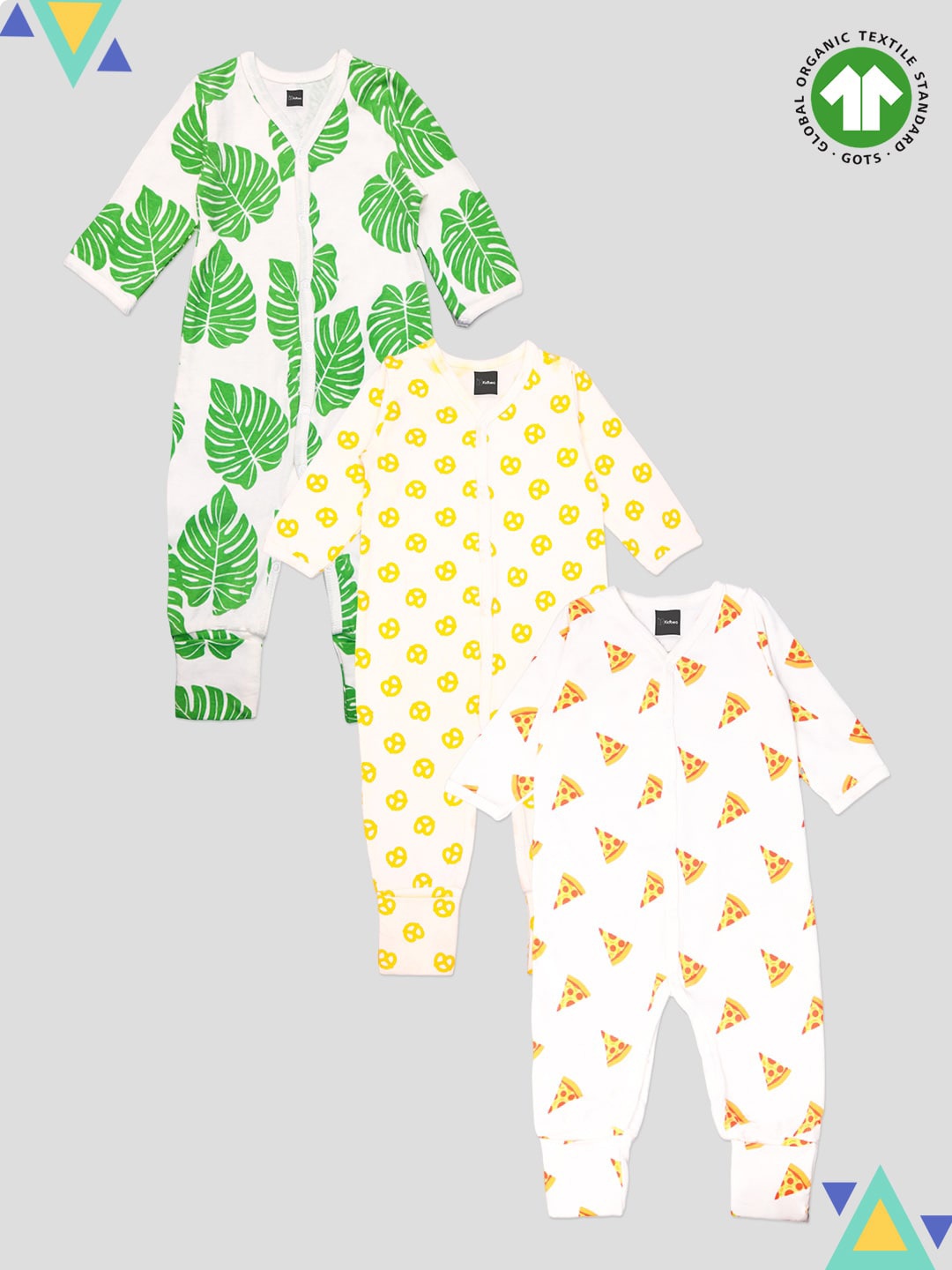 

Kidbea Infants Pack Of 3 Printed Organic Cotton Rompers, Green