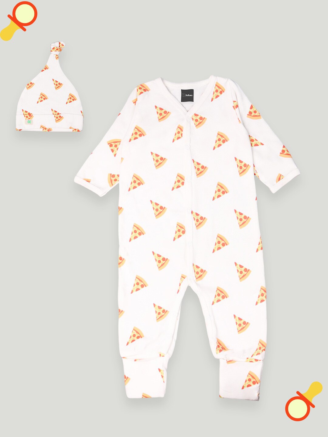 

Kidbea Infants Printed Pure Organic Cotton Rompers With Beanie Cap, White