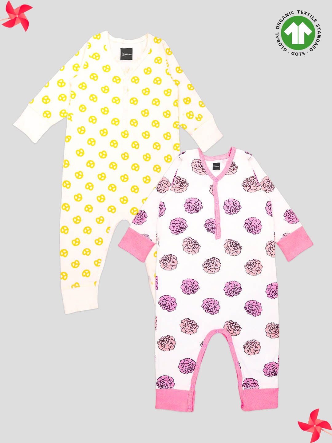 

Kidbea Infants Kids Pack Of 2 Printed Organic Cotton Rompers, Yellow
