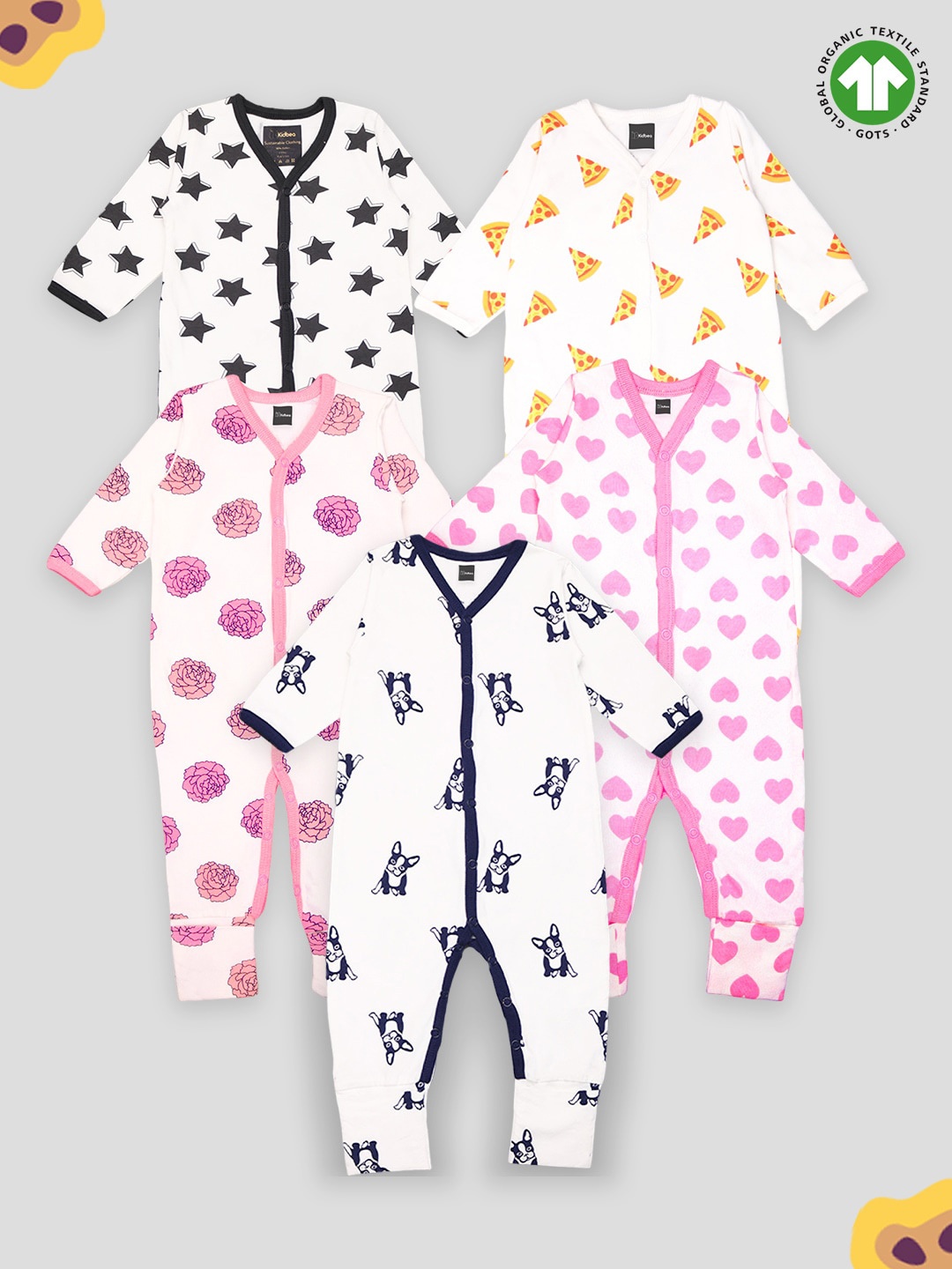 

Kidbea Infants Pack Of 5 Printed Organic Cotton Rompers, Black