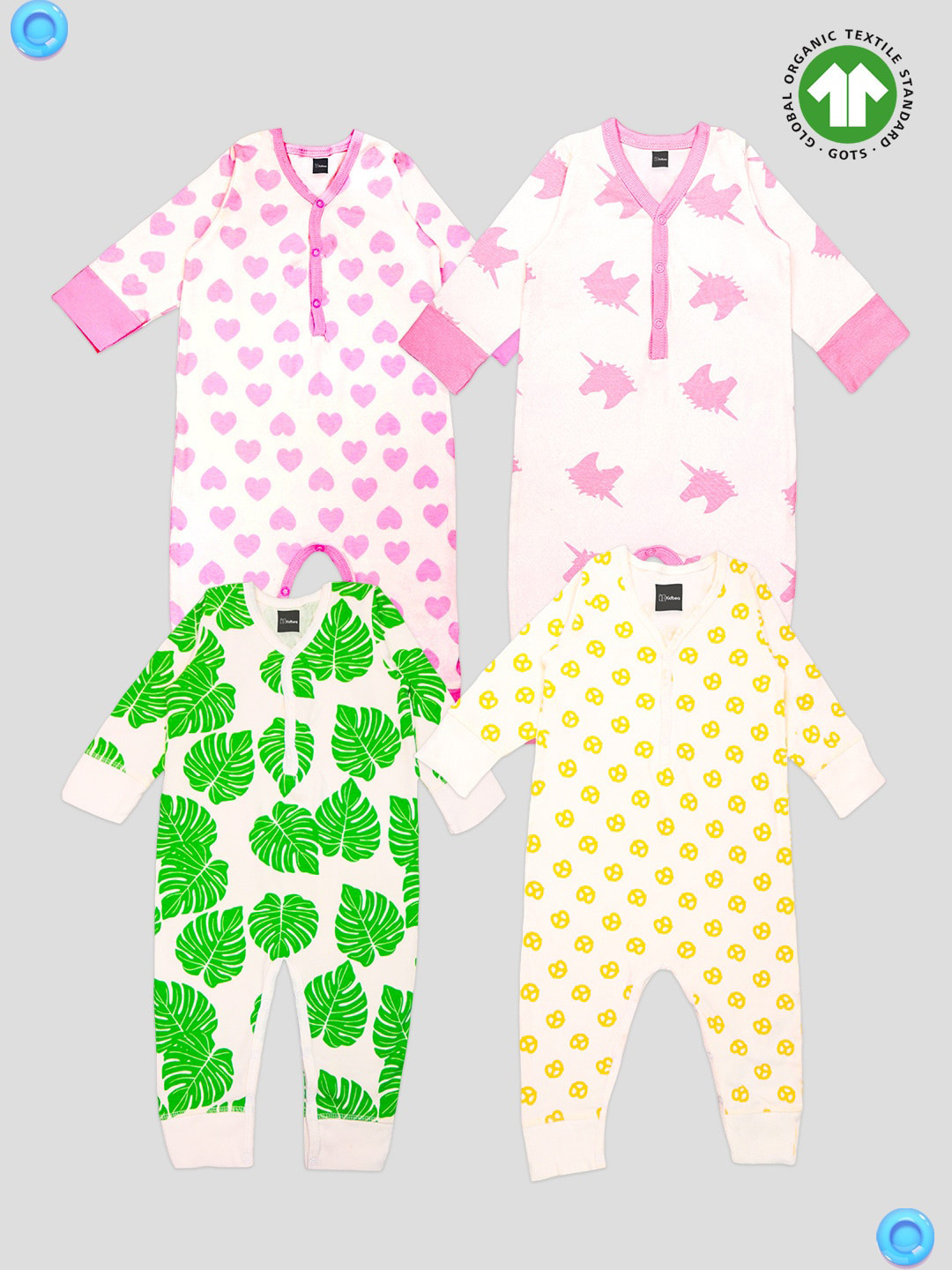 

Kidbea Infants Pack Of 4 Printed Organic Cotton Rompers, Green